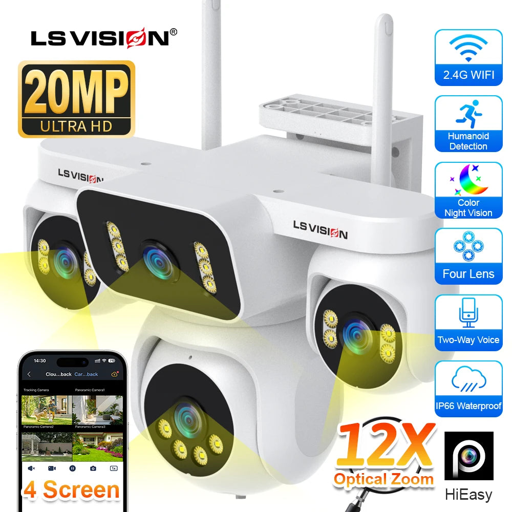 LS VISION 10K 20MP Four Screens WiFi Security Camera Outdoor Four Lens 12X Optical Zoom Two Way Audio Auto Tracking CCTV Cameras