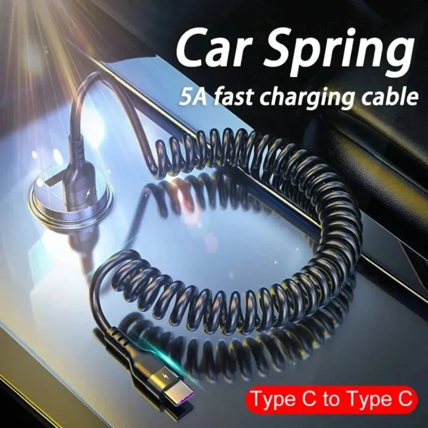 66W Car 5A Fast Charging USB Type C Spring Telescopic Cable For iPhone 16 15 14 13 Samsung Huawei Xiaomi Redmi OnePlus 1m Charge