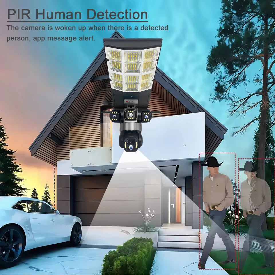 4G Solar Camera V380 Pro 3 Lens LED Street Lamp CCTV AI Human Detection Surveillance Waterproof Outdoor Monitor Built-in Battery