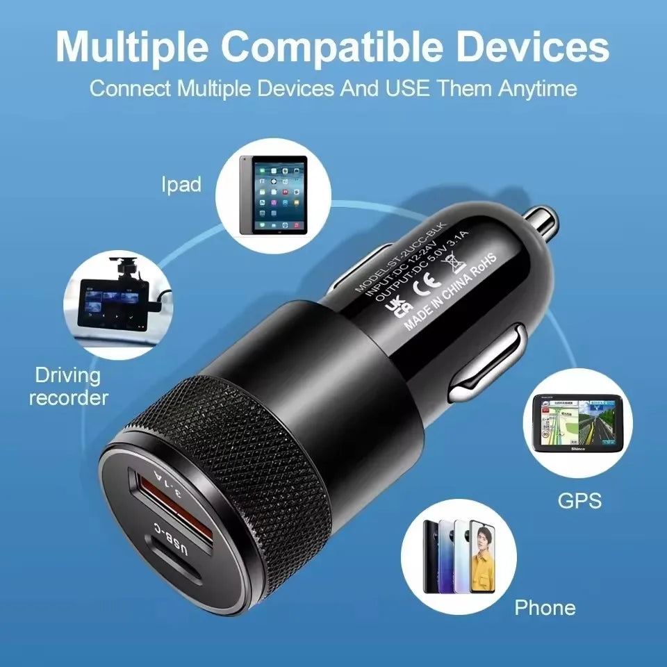 3 件套 3.1A USB Car Charger Type C Fast Charging Phone Adapter for Xiaomi Huawei Pd Phone Charger Adapter Socket Cigarette Lighter