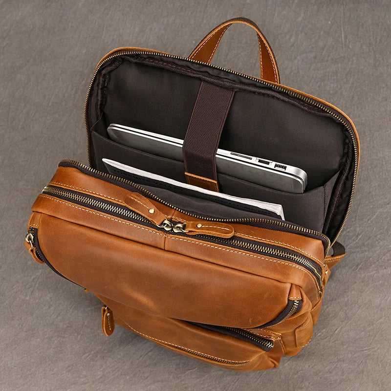 2025 New Fashion Leather Bagpack Bag 14 15.9 Laptop Backpack for Man Male Genuine Leather Men's Travel Bagpack Crazy Horse Skin