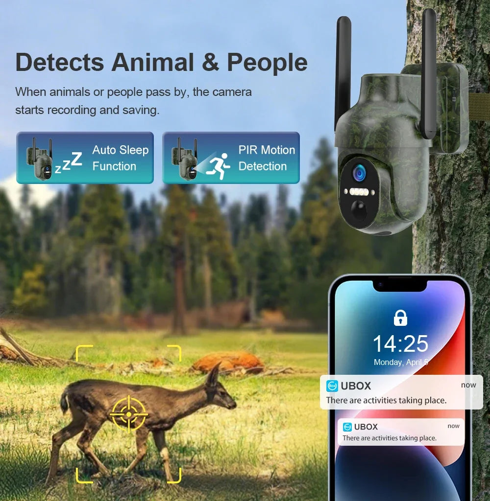Ubox 4G SIM Outdoor Wildlife Camera 4MP Solar Hunting Trail Camera WiFi Security Camera Auto Tracking Night Vision PIR Detection