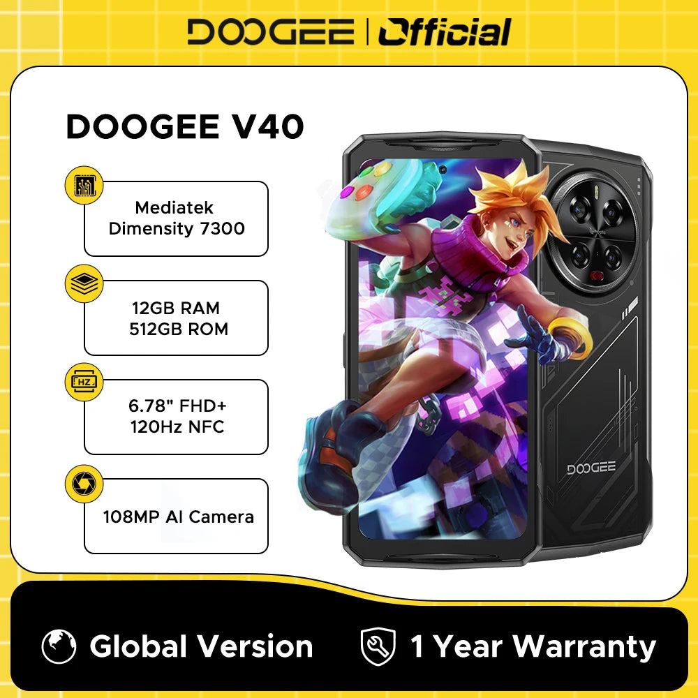 【Brand+】DOOGEE V40 5G Rugged Phone 12GB RAM 512GB ROM Gaming Smartphone dimension 7300 6.78 120Hz Display 108MP to Camera NFC