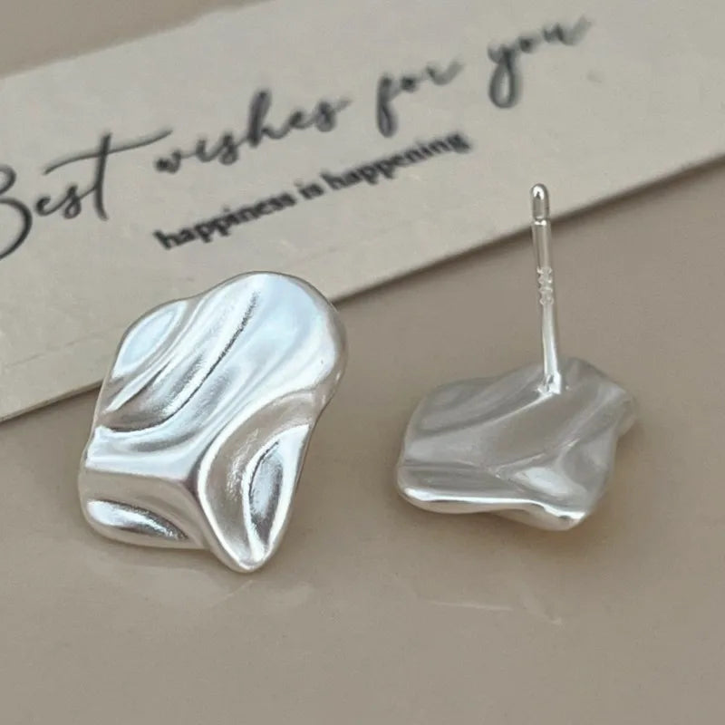 PANJBJ 925 Sterling Silve Crinkled Texture Studs Earring for Women Vintage Irregular Frosting Jewelry Party Gift Dropshipping