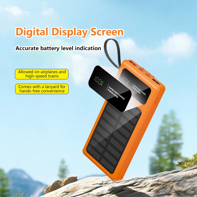 200000mAh Solar Power Bank Built 2 in1 Cable 120W Fast Charging Portable Solar Phone Charger Digital Display External Battery