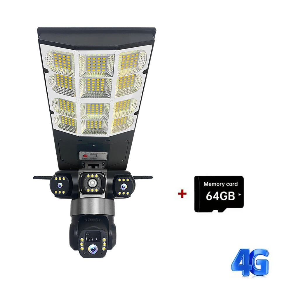 4G Solar Camera V380 Pro 3 Lens LED Street Lamp CCTV AI Human Detection Surveillance Waterproof Outdoor Monitor Built-in Battery