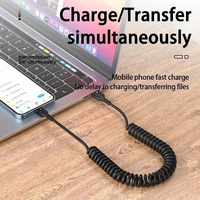 Spring Telescopic Cable For iPhone 15 14 Samsung Xiaomi OnePlusCar USB Type C 66W & LIGHTNING PD Fast Charging Type C to Type C