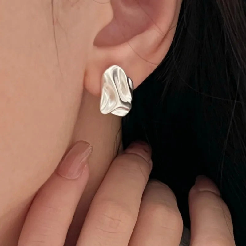 PANJBJ 925 Sterling Silve Crinkled Texture Studs Earring for Women Vintage Irregular Frosting Jewelry Party Gift Dropshipping
