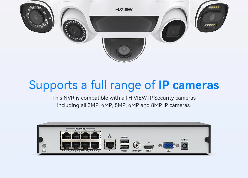 H.View 4K 8Ch Poe Nvr Cctv Security System H.265 Video Audio Recorder 8Mp Network Surveillance For Poe Ip Camera Onvif
