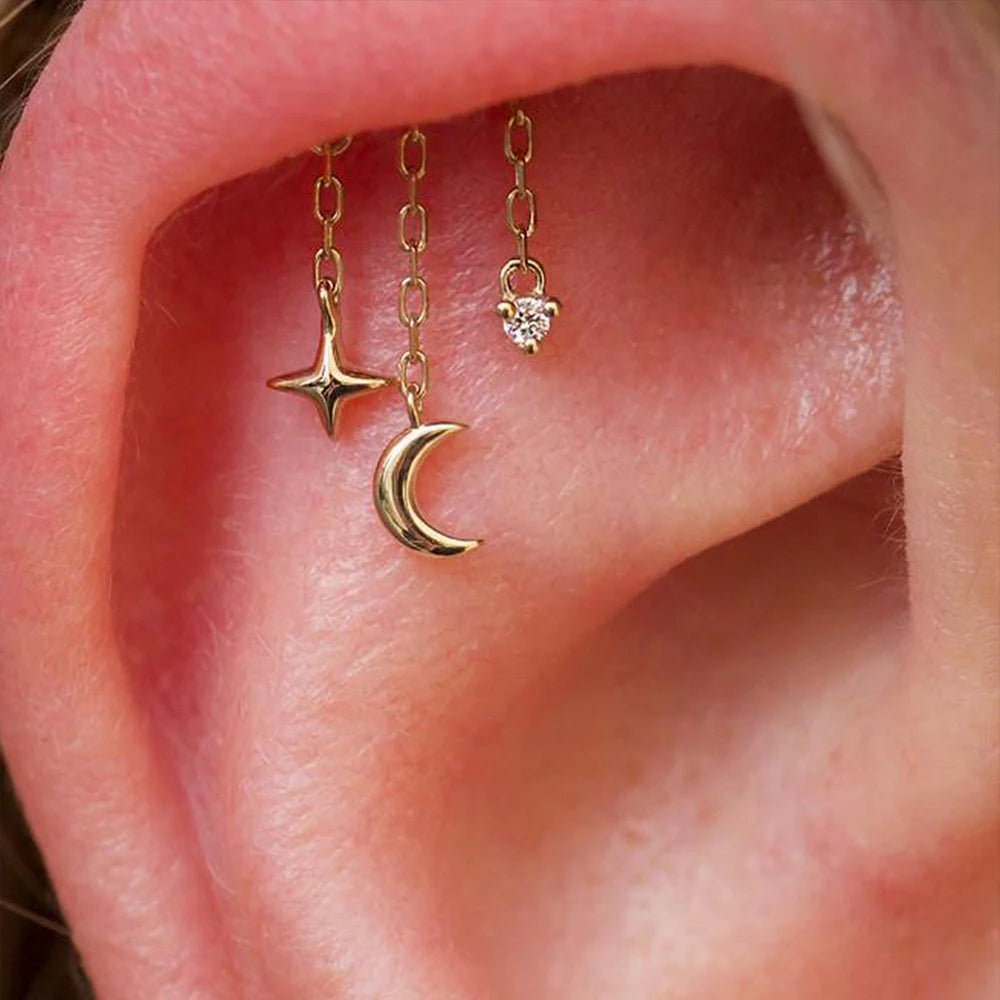 ROXI 925 Sterling Silver Star Moon Tassel Piercing Earrings for Women Classic Mini Shiny Earrings Threadless Push In Hidden Stud