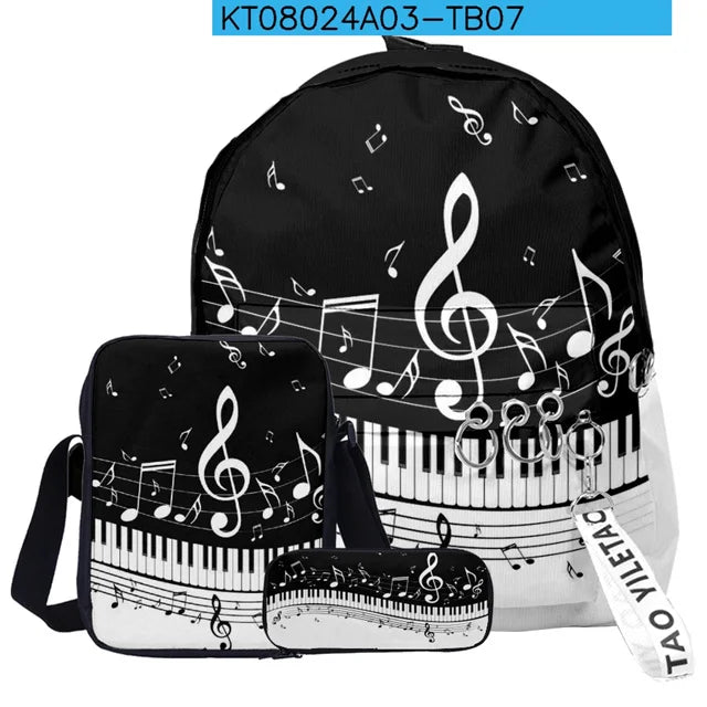 Piano Notes Black and White Pattern Large Capacity Student School Bags for Boys Girls Kids Bookbag Men Casual Shoulder Backpack