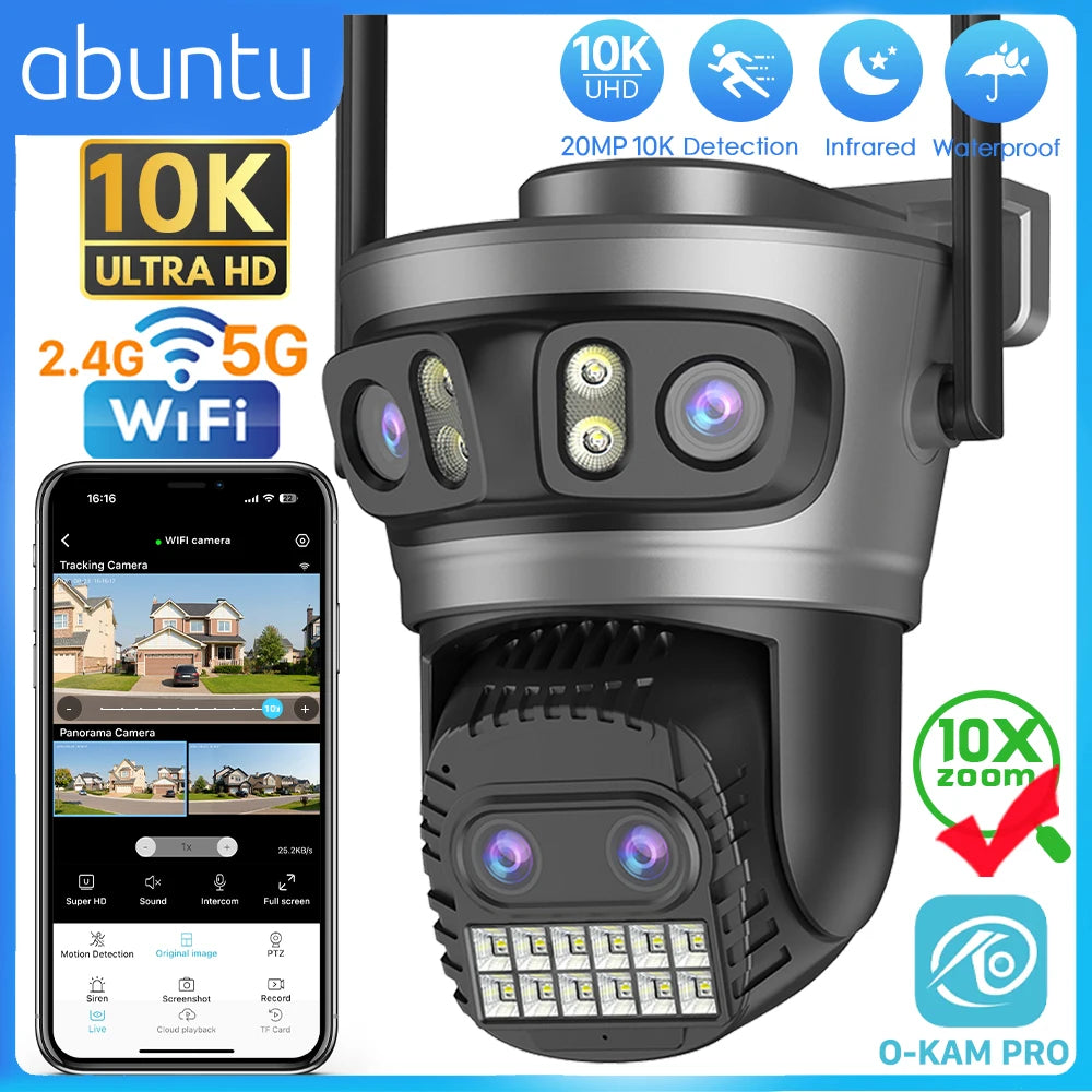 ABUNTU 20MP 10K PTZ Wifi Camera Four Len 10X Zoom Surveillance Camera Outdoor 360°No Dead Angle Ultra Long Night Vision Security