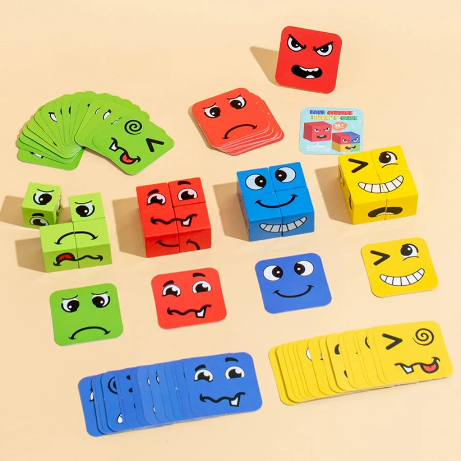 Kids Emotions Expression Game Wooden Cube Face Changing Board Cartoon Puzzle Toy Montessori Thinking Challenge Games