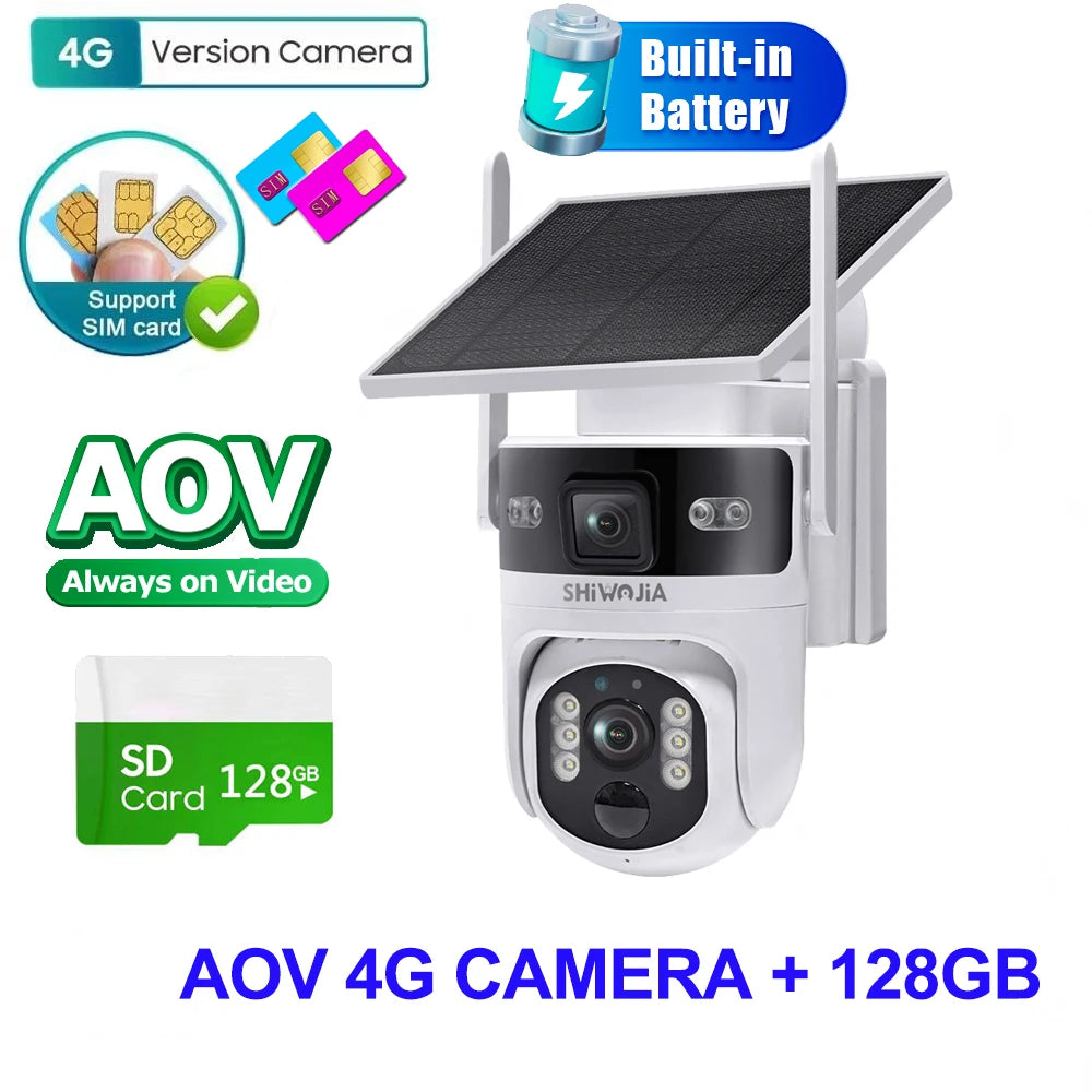 SHIWOJIA 8MP AOV Solar Battery Camera 4G SIM 7/24 Hours Recording Wireless WIFI Security PTZ Camera Dual Lens PIR Night Vision