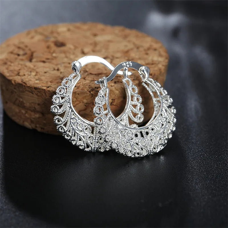 Elegant 925 Sterling Silver Hollow Round Earrings Fashion Women Charm Gift Jewelry