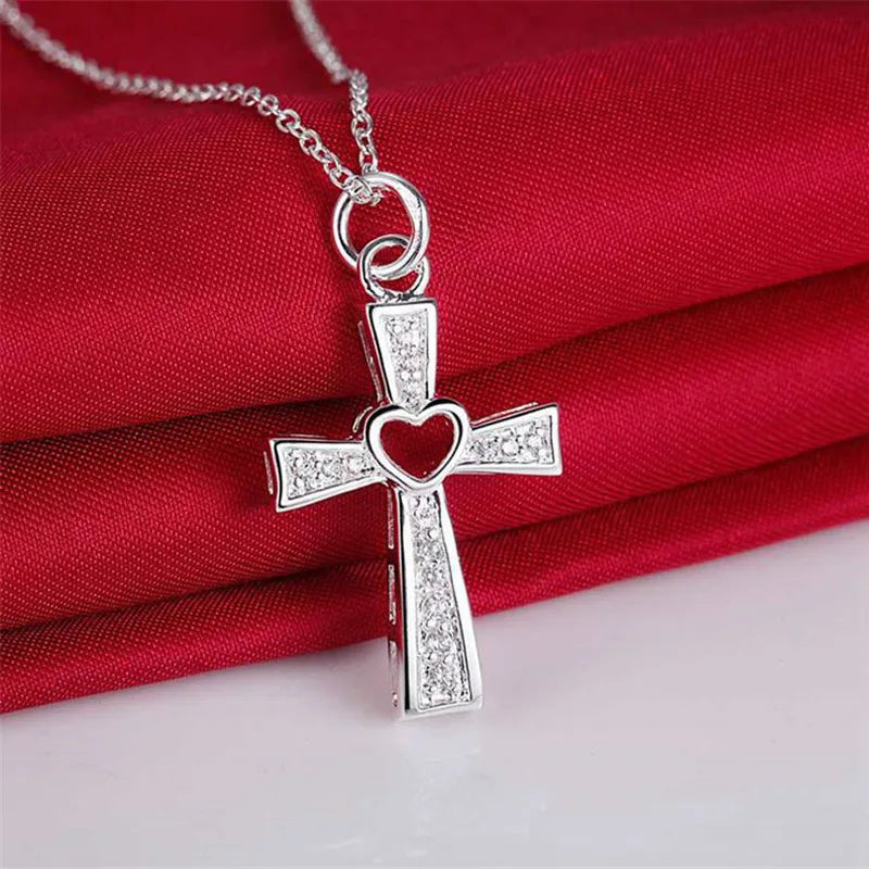 925 Sterling Silver Crystal Cross Pendant Necklace for Women, Charms, Classic, High Quality, Wedding Party Jewelry, Holiday Gift