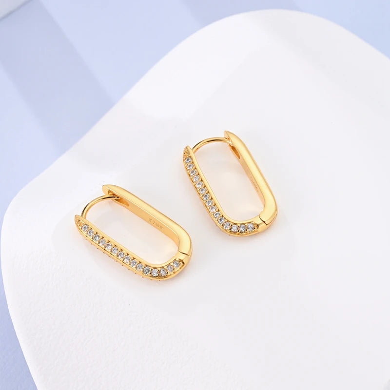 2024 NEW 925 Sterling Silver rectangular Hoop Earrings Inlaid Zircon Golden Earrings For Women Wedding Gift Luxury Jewelry