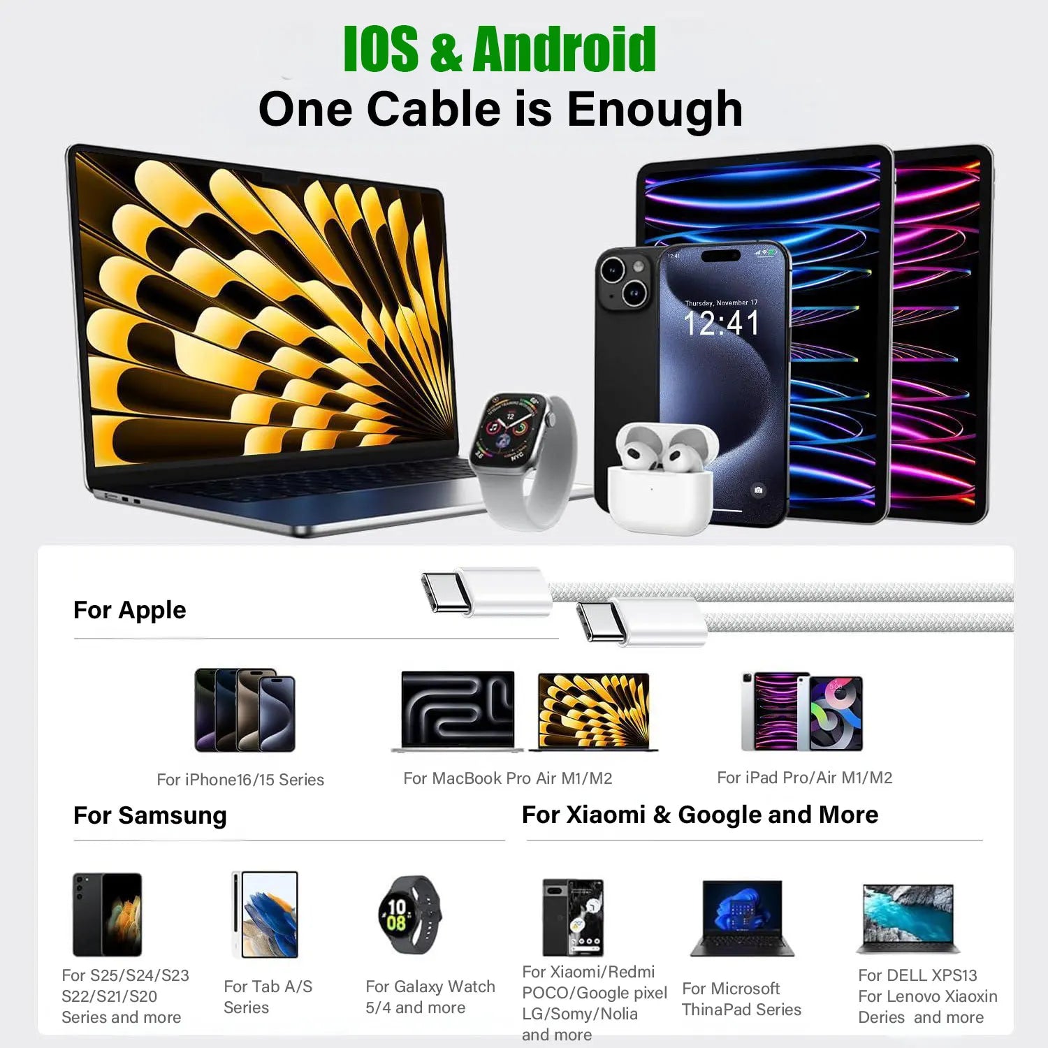 Original USB-C Cable for iPhone 16 15 Pro PD60W fast Charger wire for Huawei Xiaomi Samsung Google Type C braided Cable with box