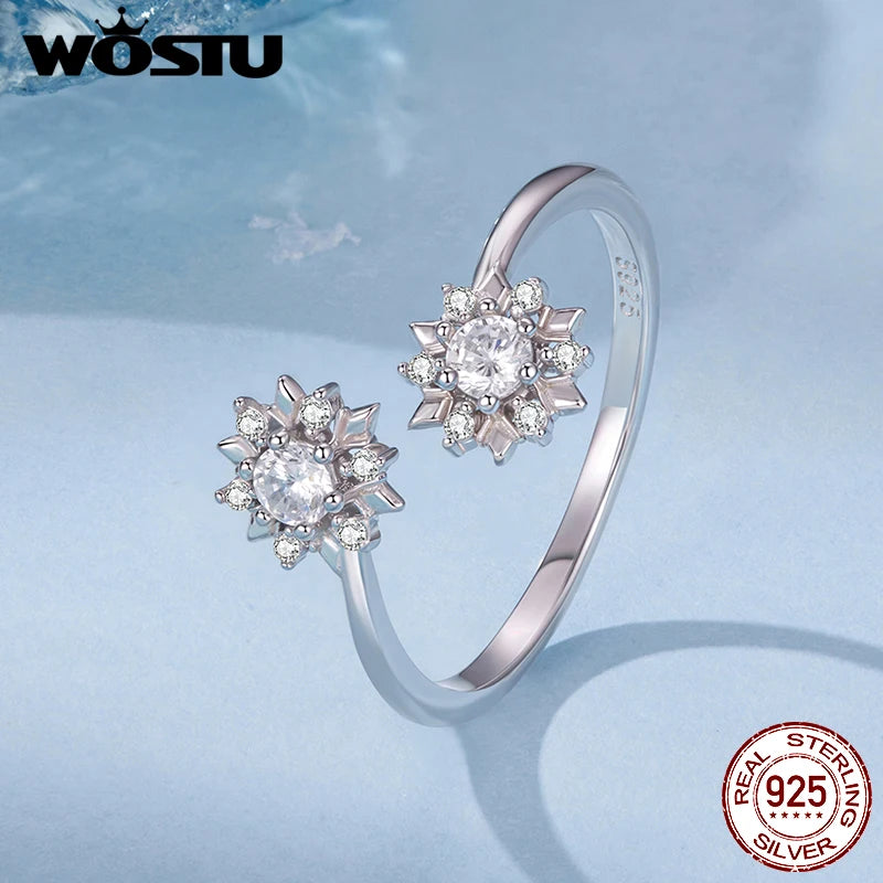 WOSTU 925 Silver Snowflake Ring For Women , Shiny AAA Zircon Double Snow Flower Winter Wedding Xmas Jewelry Gift Party Gift