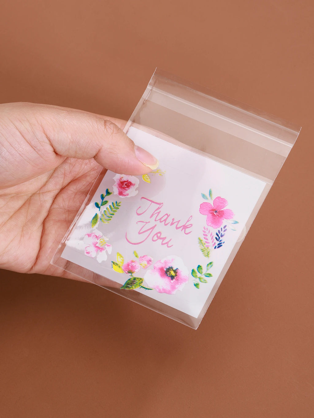 100pcs Colourful Flowers THANK YOU Self-adhesive Bag Plastic Pouches for DIY Jewelry Display Cookies Storage Gifts Bag Wholesale