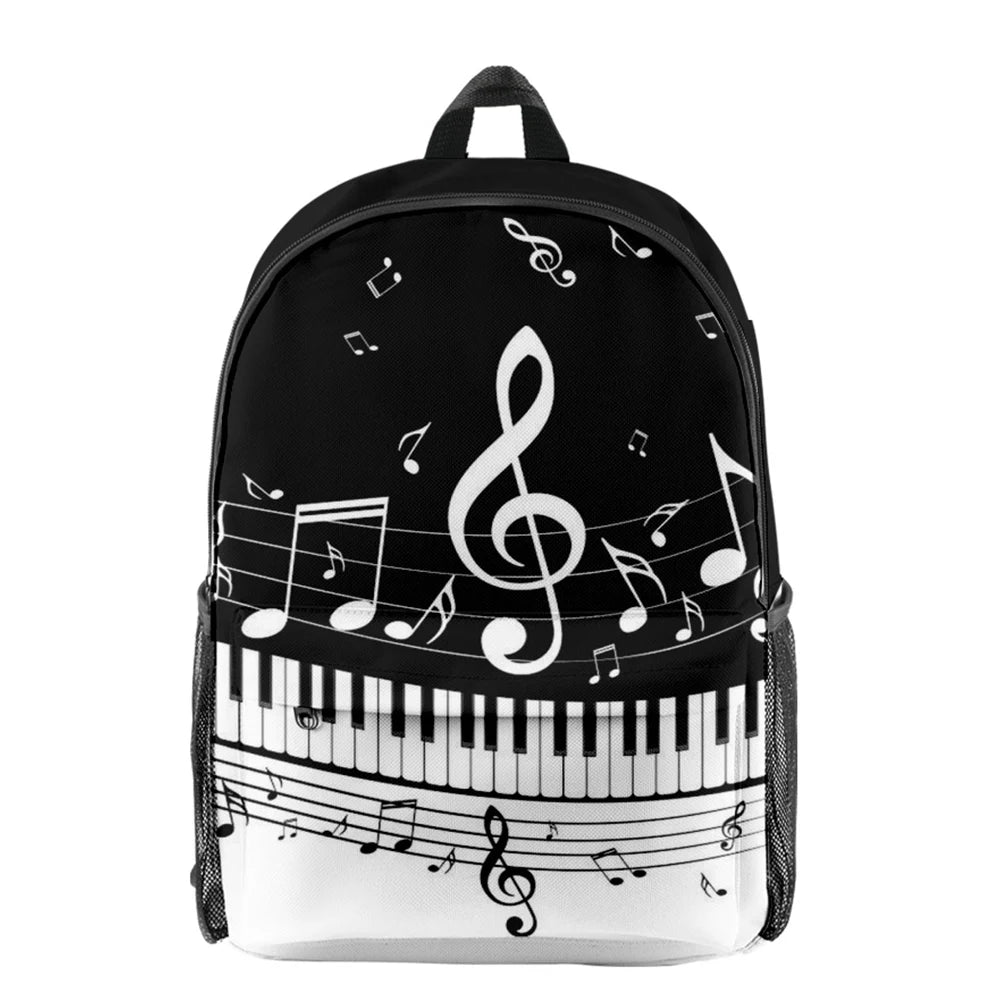 Piano Notes Black and White Pattern Large Capacity Student School Bags for Boys Girls Kids Bookbag Men Casual Shoulder Backpack