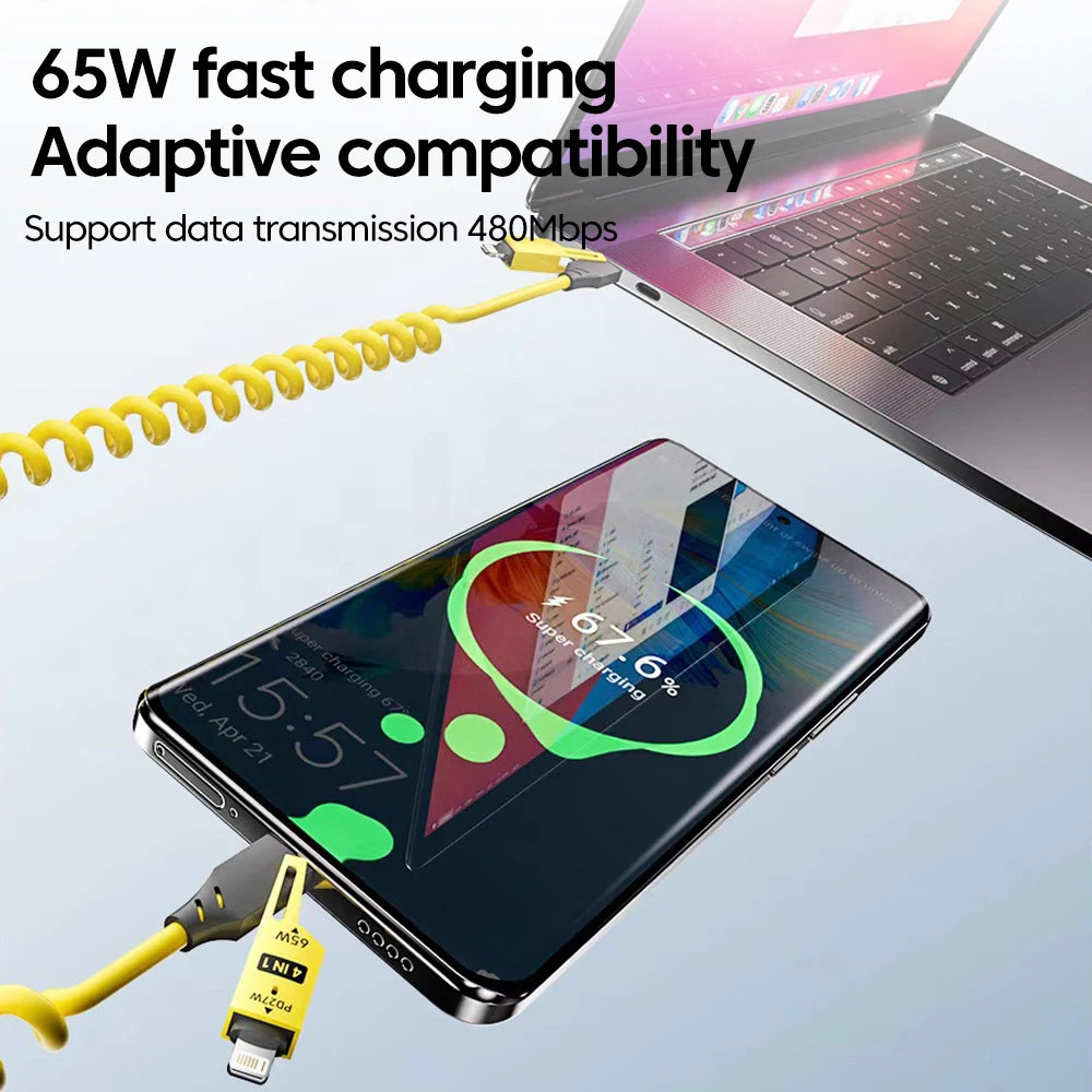 4-in-1 Telescopic Spring Cable 65W 6A USB C to Type C Quick Charger Data Cord for iPhone 15 16 14 13 X Fast Charging USB C Cable