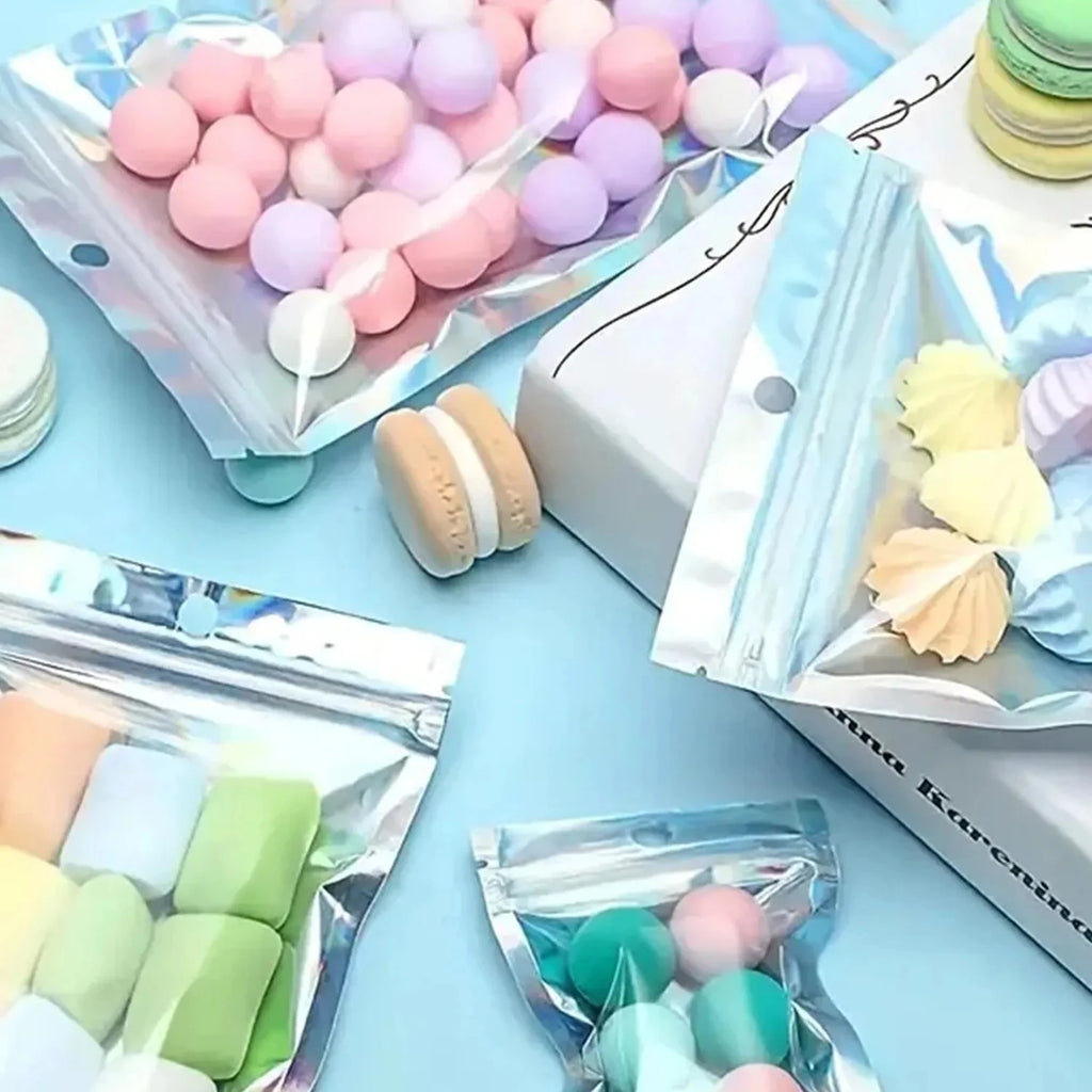 100pcs Holographic Bag Laser Rainbow Pattern Self Sealing Bag Candy Bag Front Window Sample Jewelry Packaging Plastic Pouch