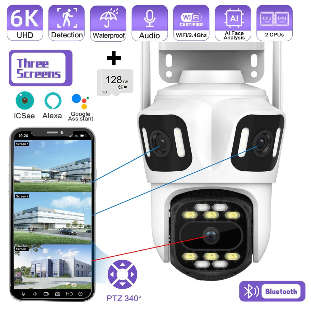 KERUI Icsee Outdoor PTZ 6K WIFI IP Camera Home Security Triple Lens Camera CCTV Video Surveillance With Triple Screens