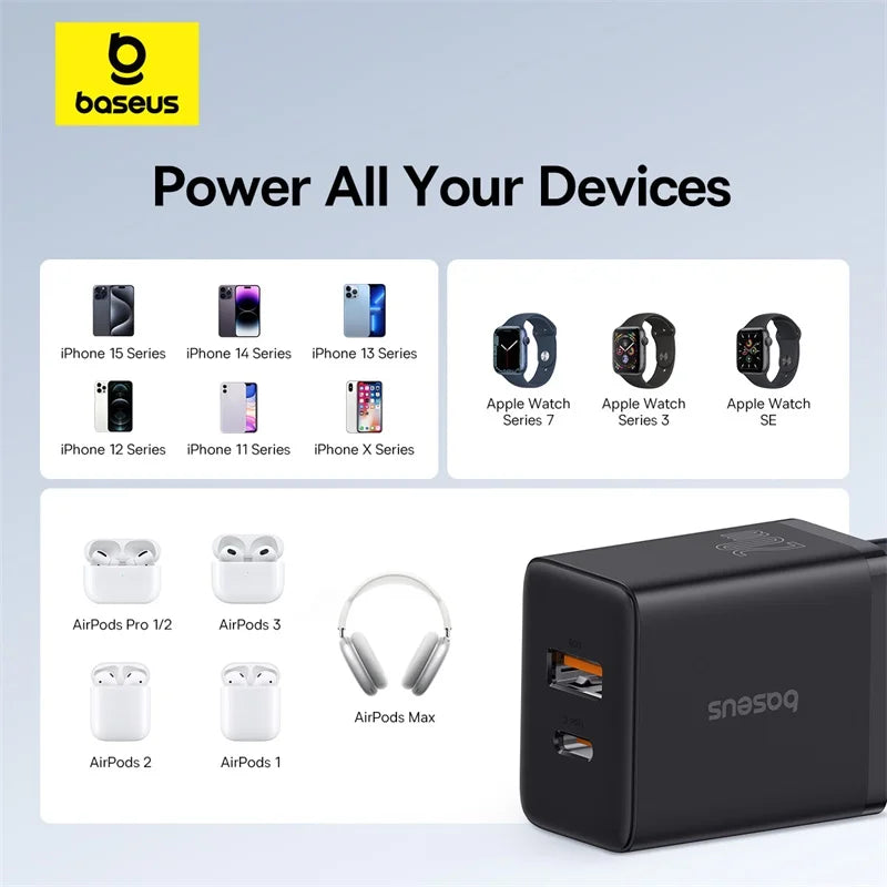 Baseus 20W USB Charger Dual Charging Port Support Type C PD Fast Charging Phone Charger For iPhone 15 14 13 12 Pro Max 11 8 Plus