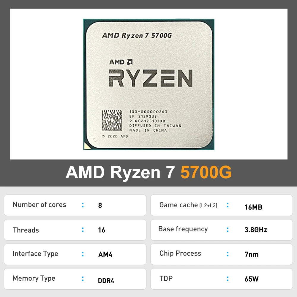 AMD Ryzen 7 5700G NEW CPU 4.6GHz 8-Core 16-Thread R7 5700G L3=16M 7NM Socket AM4 DDR4 Processor 65W but without cooler