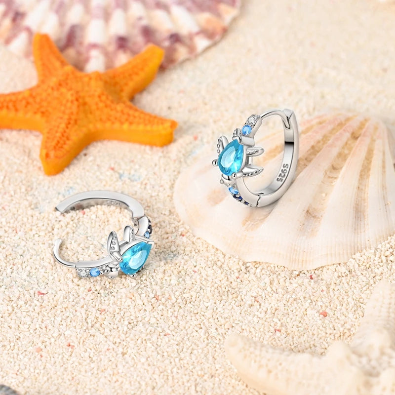 Original 925 Sterling Silver Hoop Earrings Blue Turtle Earrings For Women Sparkling Zircon Fine Engagement Wedding Jewelry Gift