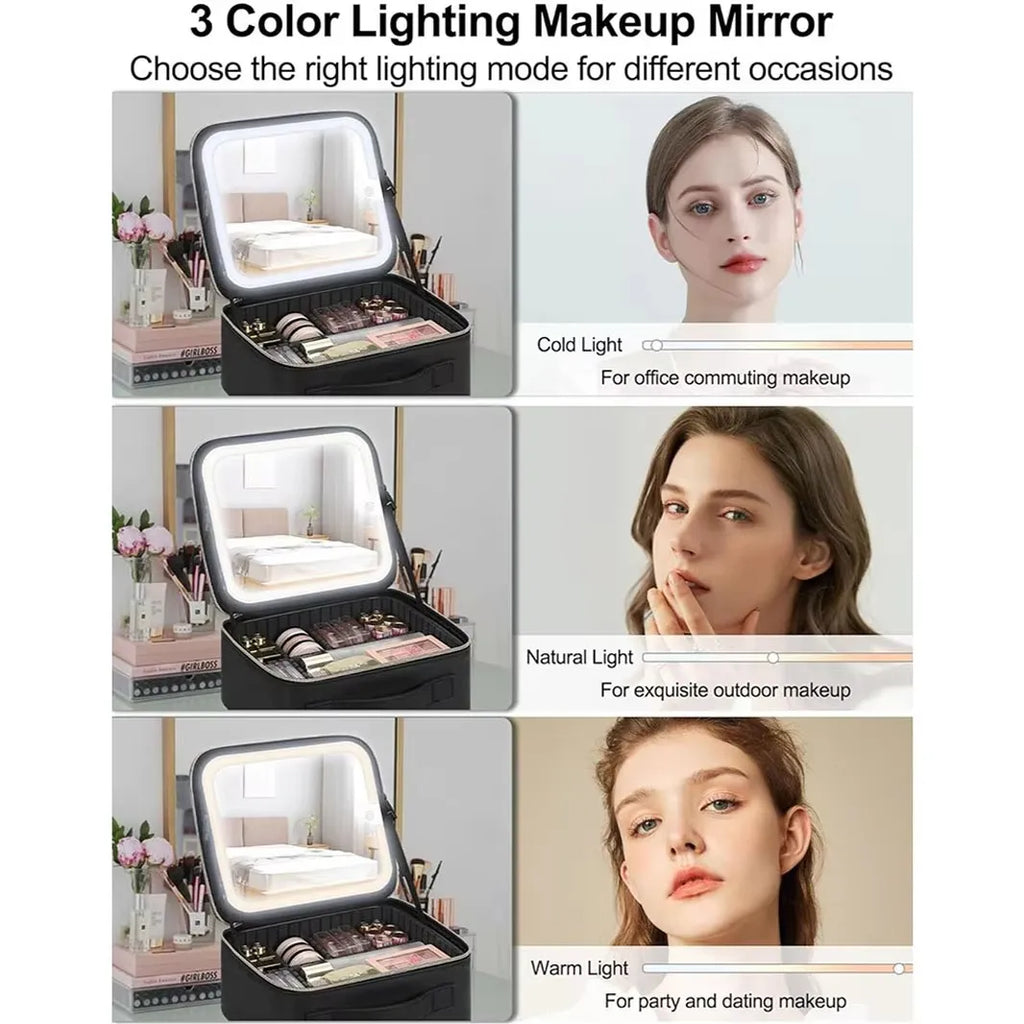 Makeup Organizer Case With Mirror Light 3 Adjustable Brightness Travel Train Cosmetic Toolbox Tattoo Tool Women Makeup Bag Case
