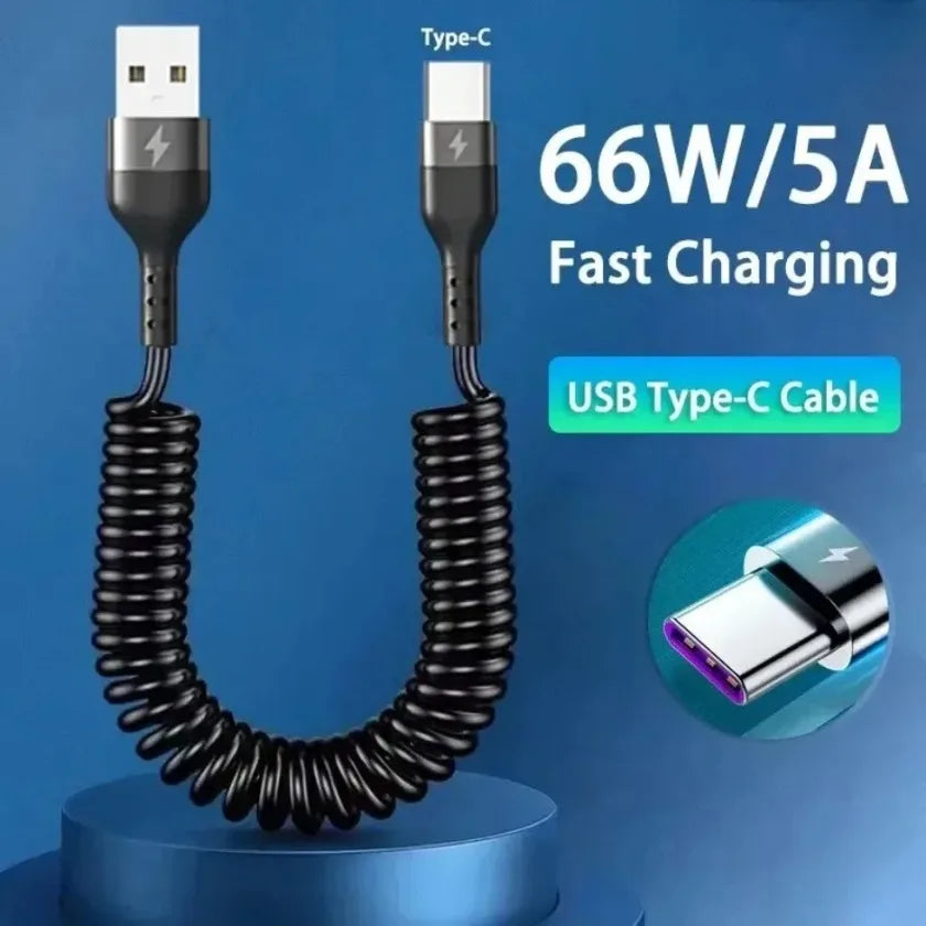 66W Car 5A Fast Charging USB Type C Spring Telescopic Cable For iPhone 16 15 14 13 Samsung Huawei Xiaomi Redmi OnePlus 1m Charge