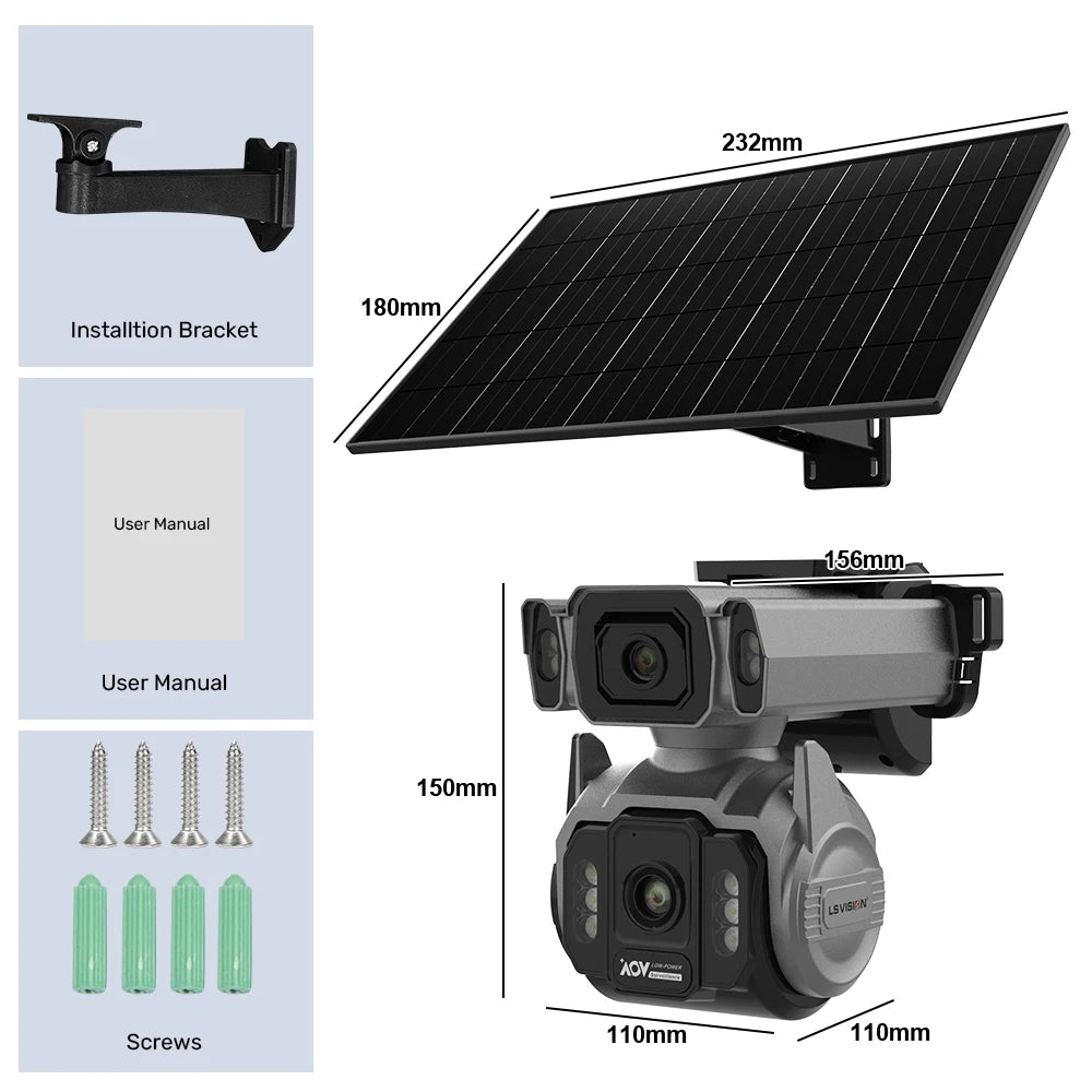 LS VISION Dual Screens 10MP AOV Solar Camera Outdoor 12X Zoom 24/7 Recording 4G SIM Auto Tracking Zoom PTZ Security Cameras CCTV