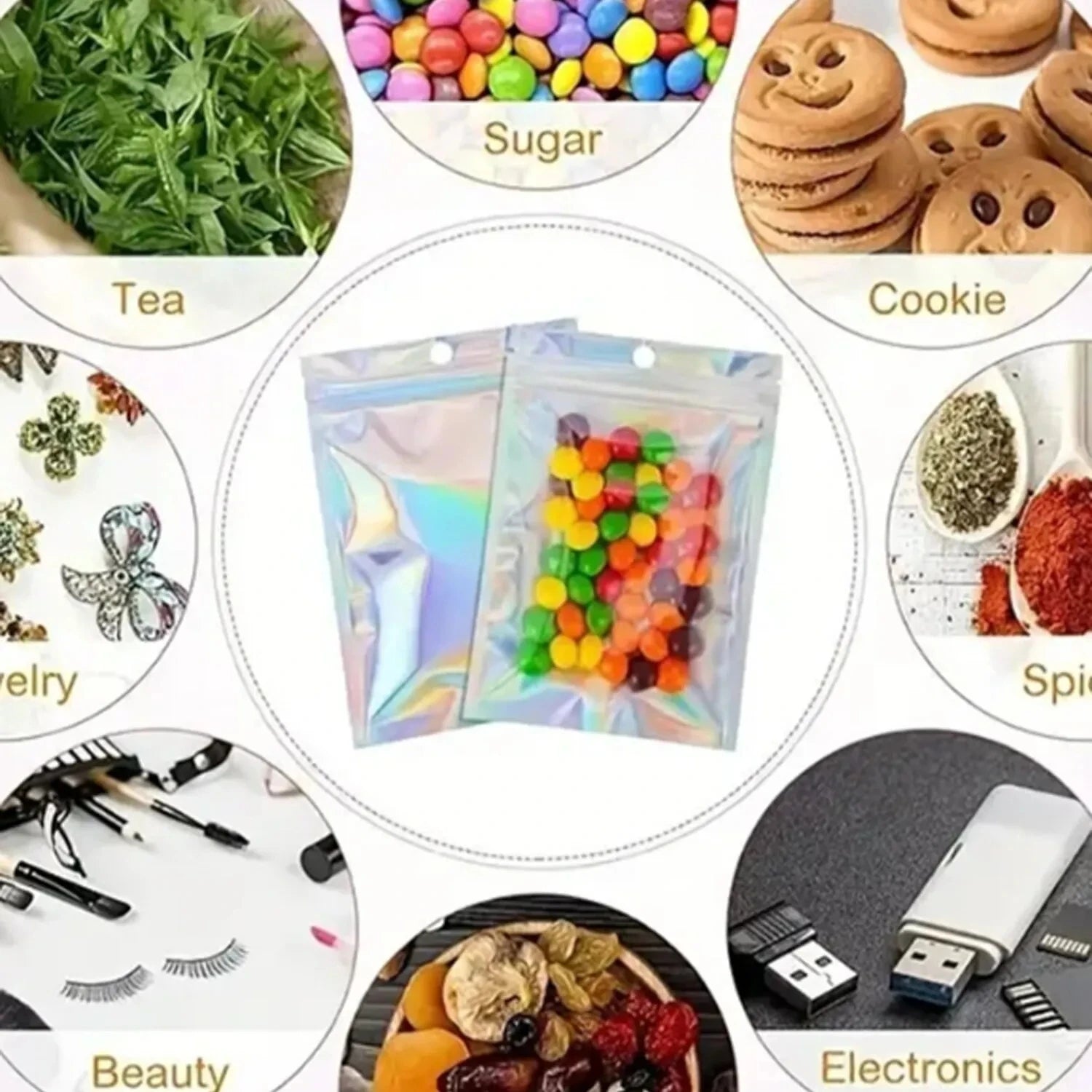 100pcs Holographic Bag Laser Rainbow Pattern Self Sealing Bag Candy Bag Front Window Sample Jewelry Packaging Plastic Pouch