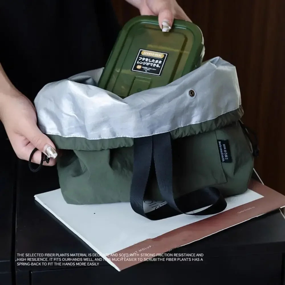 Durable Nylon+Polyester Lunch Bags Green Khaki Black Large Capacity Thermal Insulation Bag Drawstring Lunch Pack Outdoor