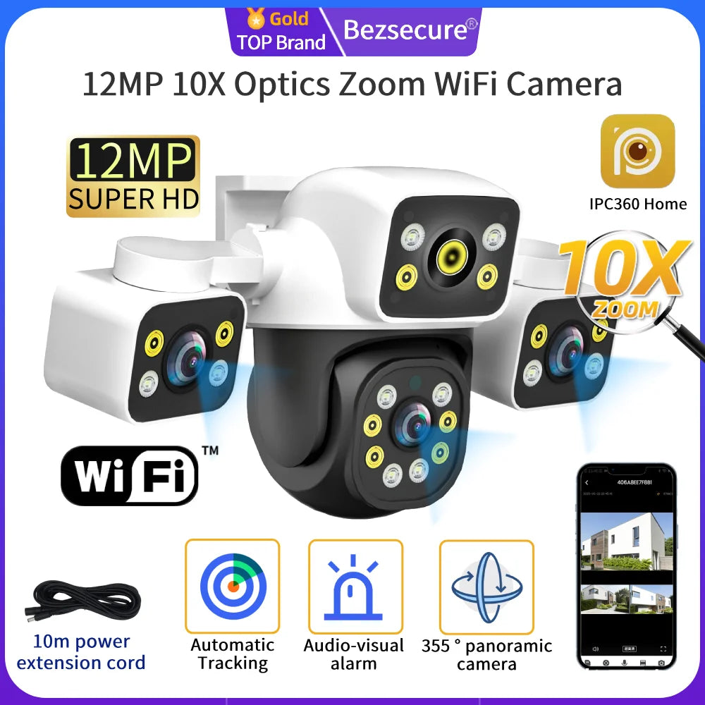 12MP 10X Zoom Outdoor WiFi Camera Three Screen Three Lens PTZ Automatic Tracking Audible Visual Alarm Security Camera