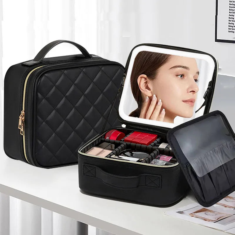 Makeup Organizer Case With Mirror Light 3 Adjustable Brightness Travel Train Cosmetic Toolbox Tattoo Tool Women Makeup Bag Case