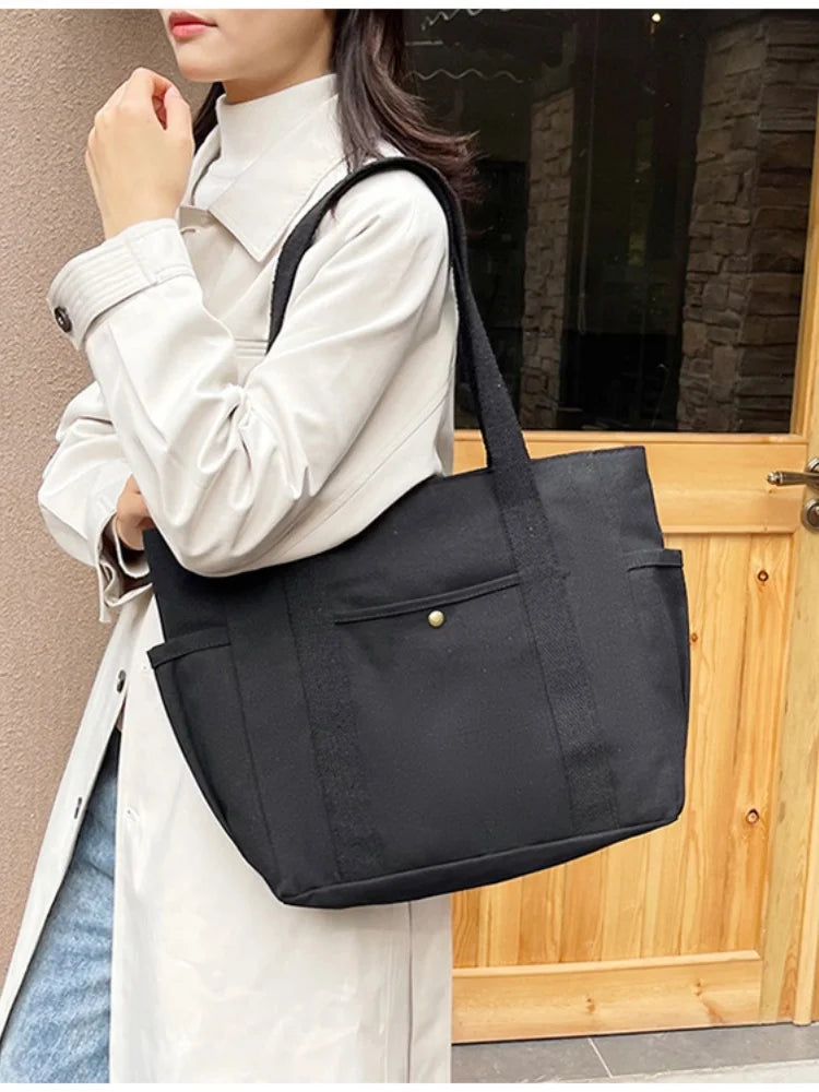 Canvas Women's Bag Large Capacity Multiple Outer Pocket Zipper Shoulder Bag Student Handbag Shopping