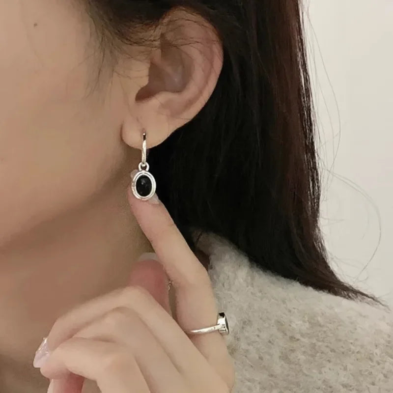 PONYKISS 925 Sterling Silver Black Elliptical Zircon Hoop Earrings for Women Light Luxury Fine Jewelry Minimalist Accessories