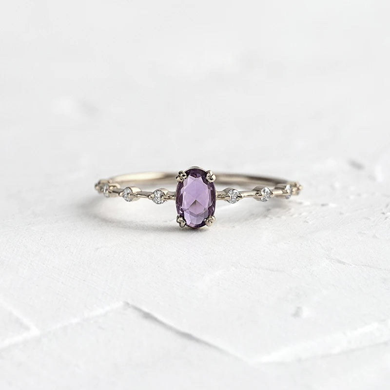 Romantic 18K Gold Plated Purple Crystal Ring for Women - Luxury Fashion Wedding Engagement Jewelry Gift in Sizes 6 7 8