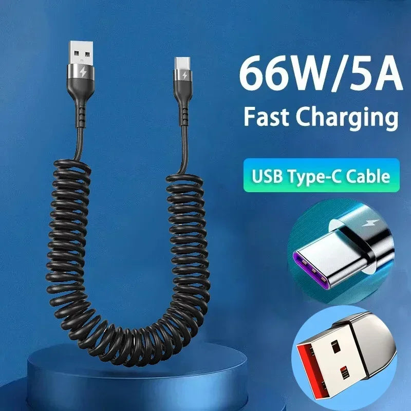 66W Car 5A Fast Charging USB Type C Spring Telescopic Cable For iPhone 16 15 14 13 Samsung Huawei Xiaomi Redmi OnePlus 1m Charge