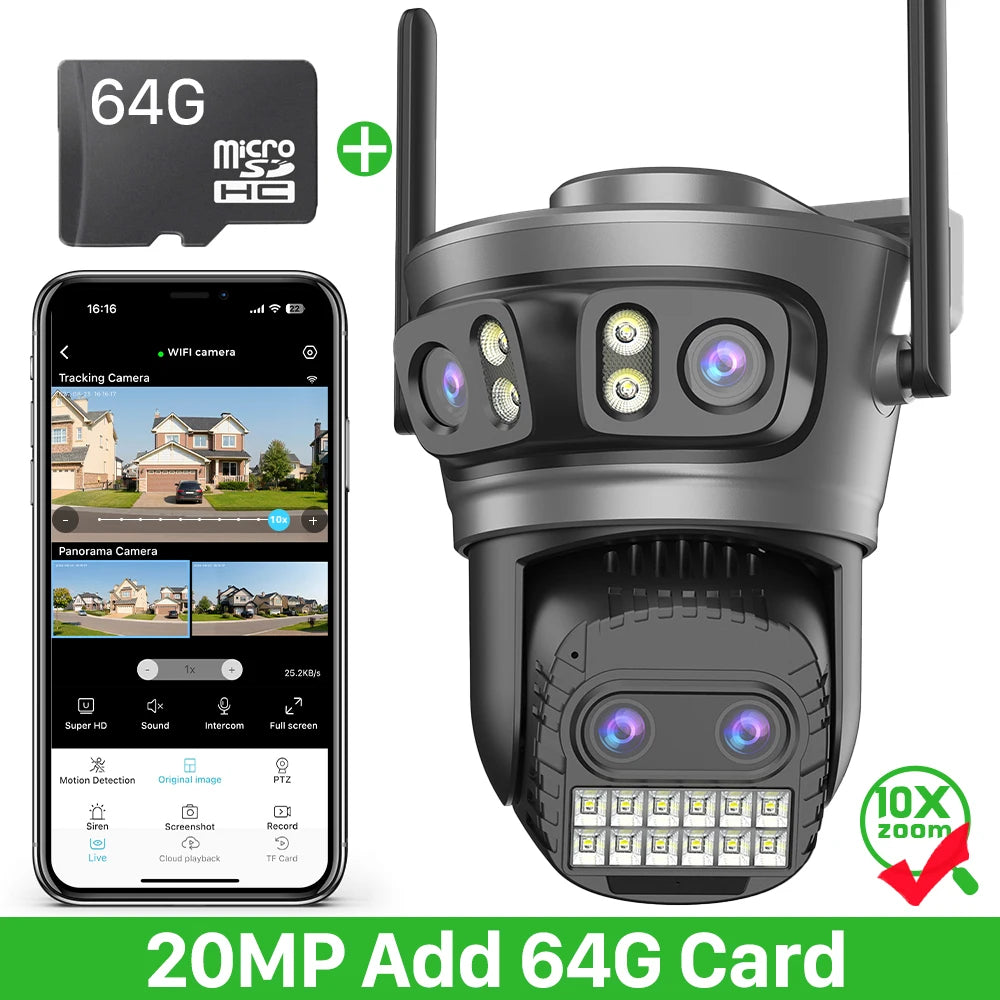 ABUNTU 20MP 10K PTZ Wifi Camera Four Len 10X Zoom Surveillance Camera Outdoor 360°No Dead Angle Ultra Long Night Vision Security