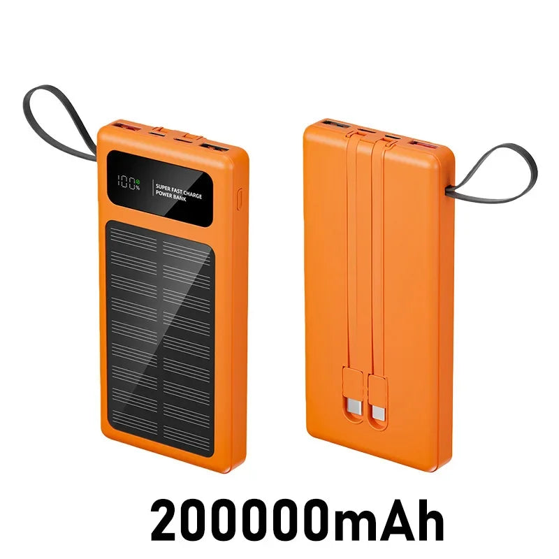 200000mAh Solar Power Bank Built 2 in1 Cable 120W Fast Charging Solar Phone Charger Portable Digital Display External Battery