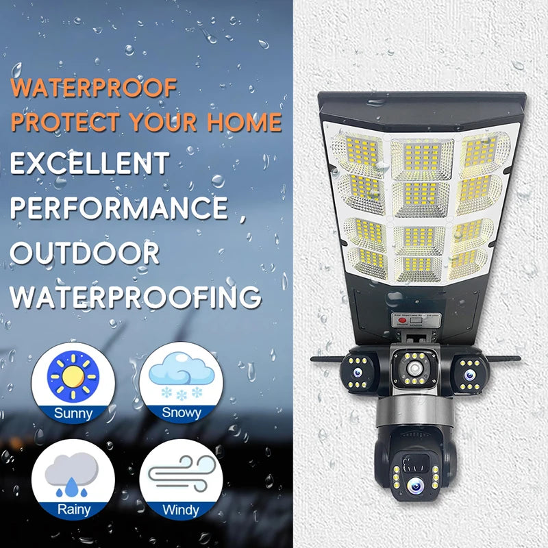 4G Solar Camera V380 Pro 3 Lens LED Street Lamp CCTV AI Human Detection Surveillance Waterproof Outdoor Monitor Built-in Battery